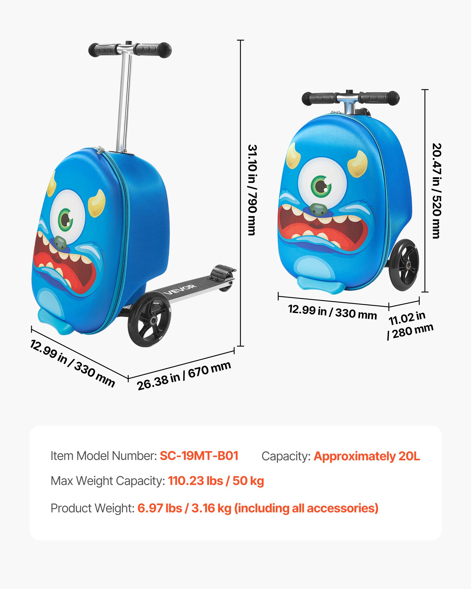 VEVOR Maleta Patinete Infantil 315x670x790 mm Capacidad de 20 L con Ruedas de Poliuretano Asa Ajustable Agarre Antideslizante de TPR Plegable y Ligera para Niños Mayores de 5 Años para Viajar, Azul