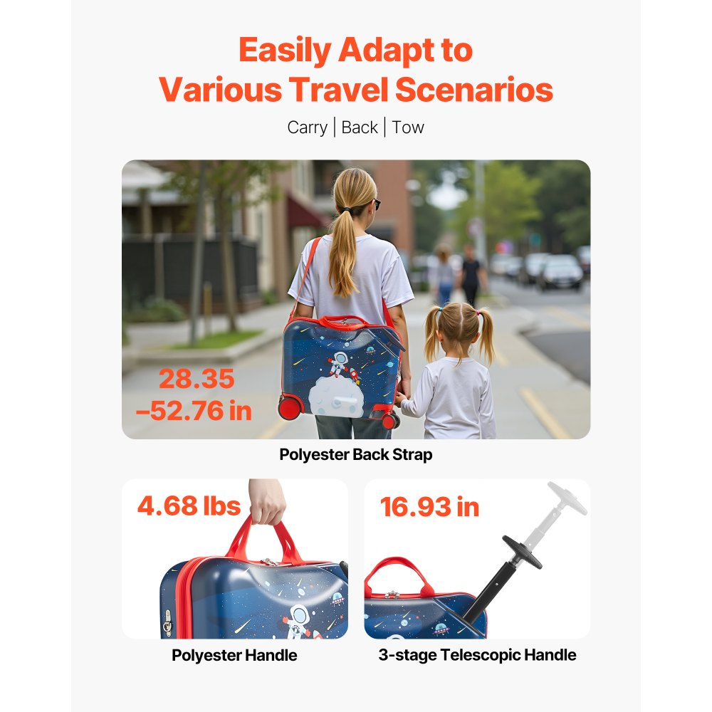 VEVOR Maleta Ligera para Niños 470 x 275 x 370 mm 26 L Equipaje Infantil para Montar Ligero con Ruedas, Correa de Hombro Ajustable Soporta hasta 50 kg para Niños Mayores de 3 Años, Azul y Blanco