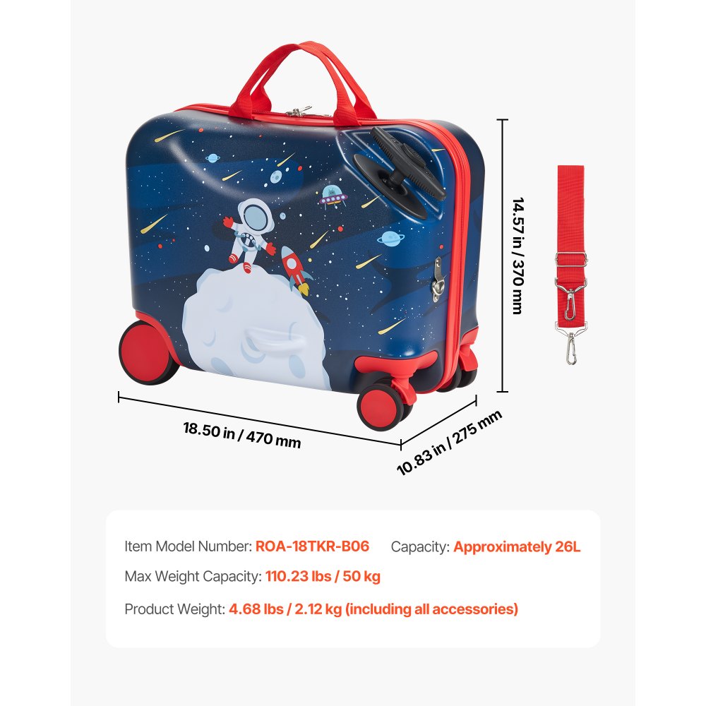 VEVOR Maleta Ligera para Niños 470 x 275 x 370 mm 26 L Equipaje Infantil para Montar Ligero con Ruedas, Correa de Hombro Ajustable Soporta hasta 50 kg para Niños Mayores de 3 Años, Azul y Blanco