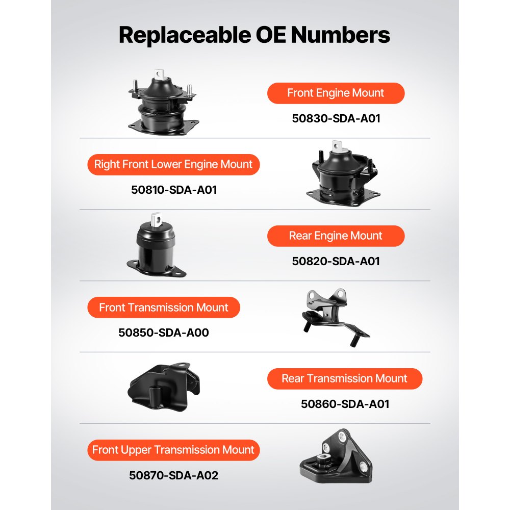VEVOR Kit de Montaje de Motor y Transmisión, 6 Piezas, Compatible con Honda Accord 2,4 L L4 2003-2007, Reemplaza OE A4526HY, A4517, A4516, A4510, A4509, A4542, 180 x 140 x 160 mm, Color Negro
