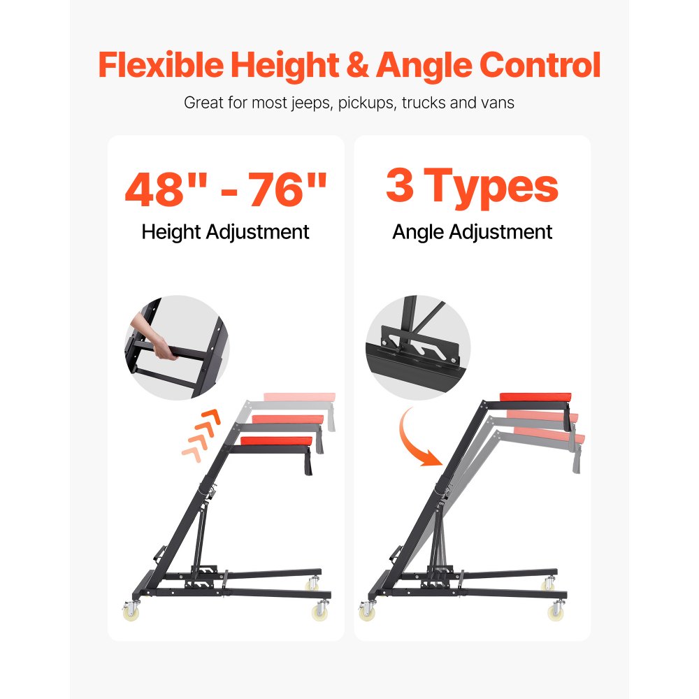 VEVOR Enredadera Superior Automotriz Altura Ajustable de 122-193 cm, Carga de 181 kg, Enredadera de Acceso al Motor con 4 Ruedas Giratorias, Enredadera Lateral Superior para Camión, Tractor, Camioneta