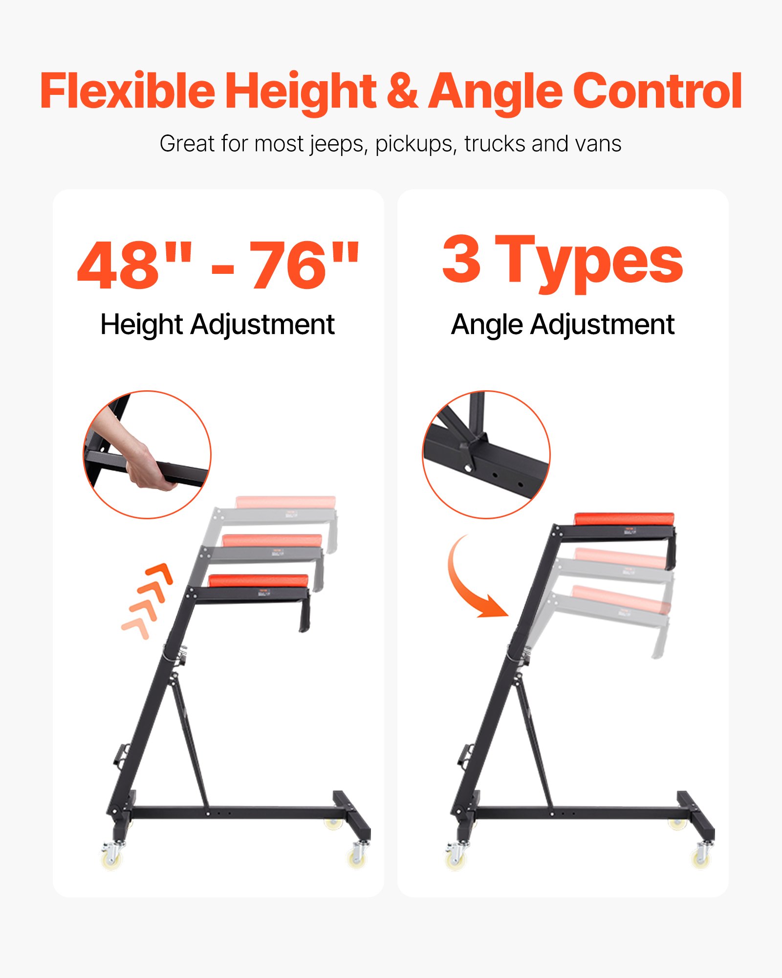 VEVOR Enredadera Superior Automotriz Altura Ajustable de 126-192 cm, Carga de 181 kg, Enredadera de Acceso al Motor con 4 Ruedas Giratorias, Enredadera Lateral Superior para Camión, Tractor, Camioneta