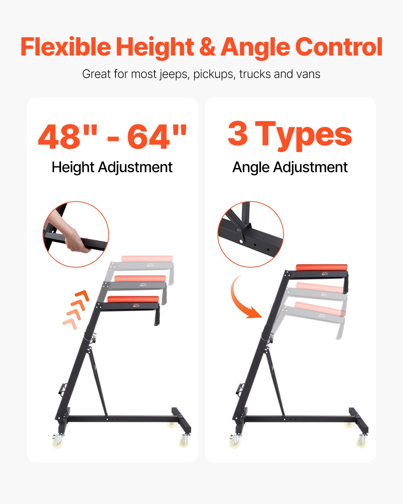VEVOR Enredadera Superior Automotriz Altura Ajustable de 116-168,5cm, Carga de 181kg, Enredadera de Acceso al Motor con 4 Ruedas Giratorias, Enredadera Lateral Superior para Camión, Tractor, Camioneta