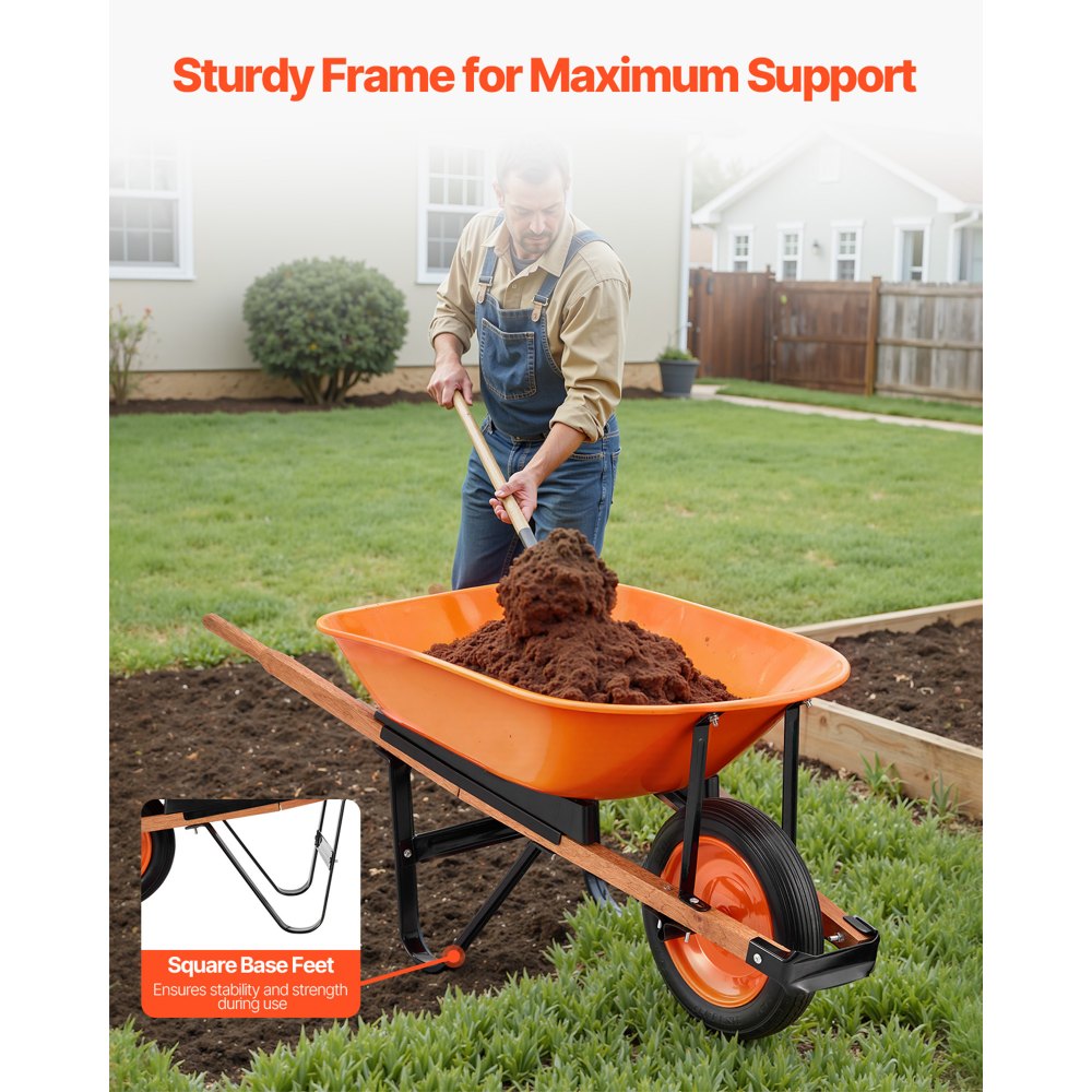 VEVOR Carretilla para Jardín Carga de 120 kg Carro de Descarga con 1 Rueda de 40 cm y Asa Carro Utilitario de Fácil Carga Carrito para Césped al Aire Libre, Patio, Granja, Naranja y Negro