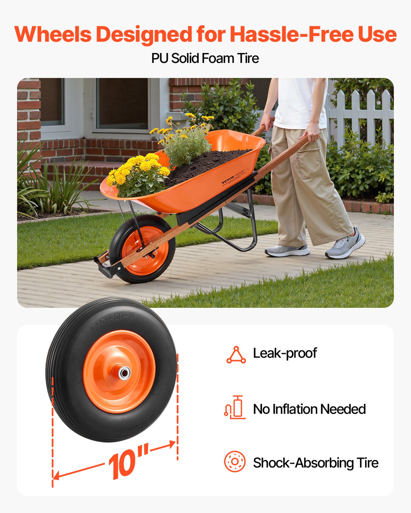 VEVOR Carretilla para Jardín Carga de 120 kg Carro de Descarga con 1 Rueda de 40 cm y Asa Carro Utilitario de Fácil Carga Carrito para Césped al Aire Libre, Patio, Granja, Naranja y Negro