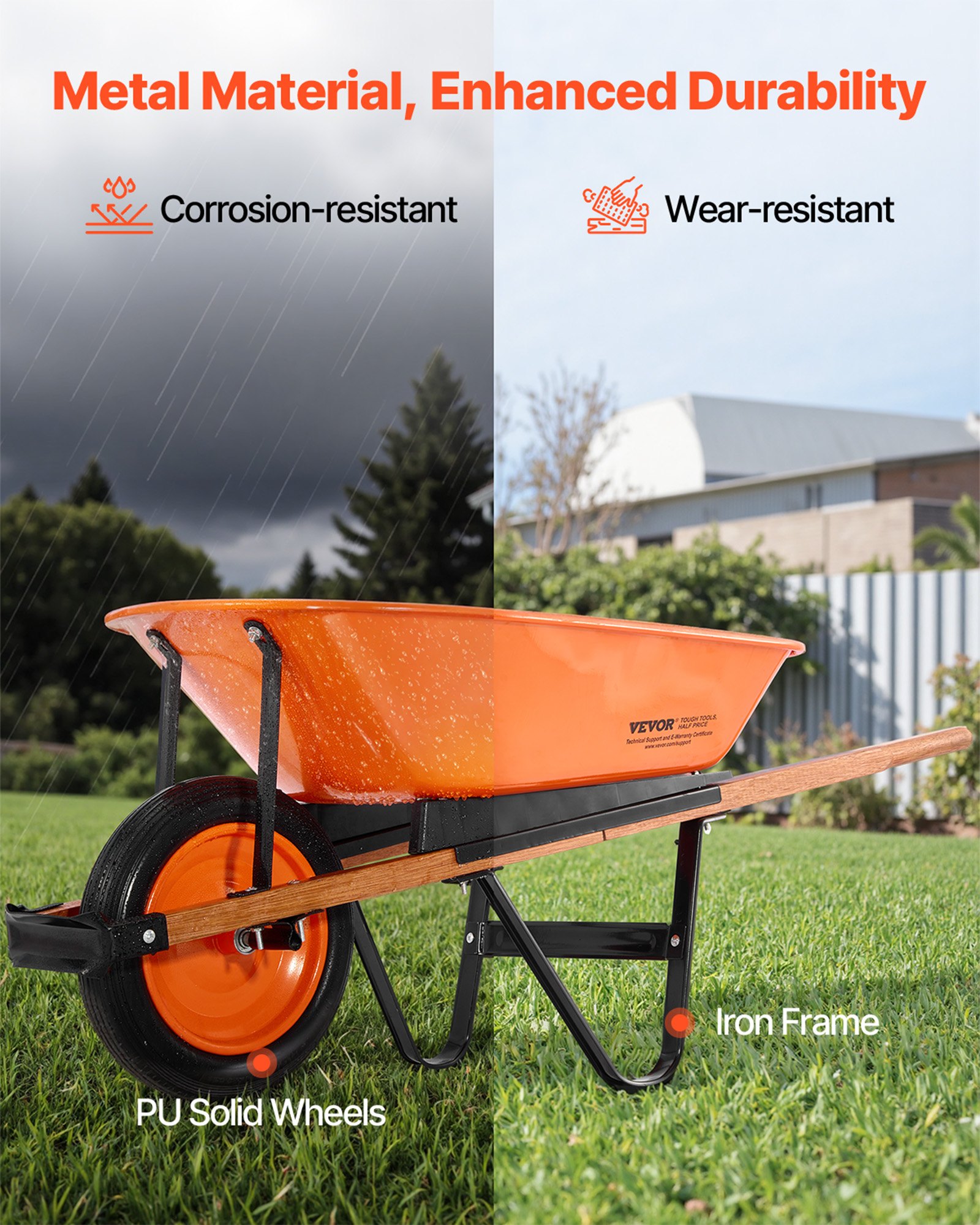 VEVOR Carretilla para Jardín Carga de 120 kg Carro de Descarga con 1 Rueda de 40 cm y Asa Carro Utilitario de Fácil Carga Carrito para Césped al Aire Libre, Patio, Granja, Naranja y Negro