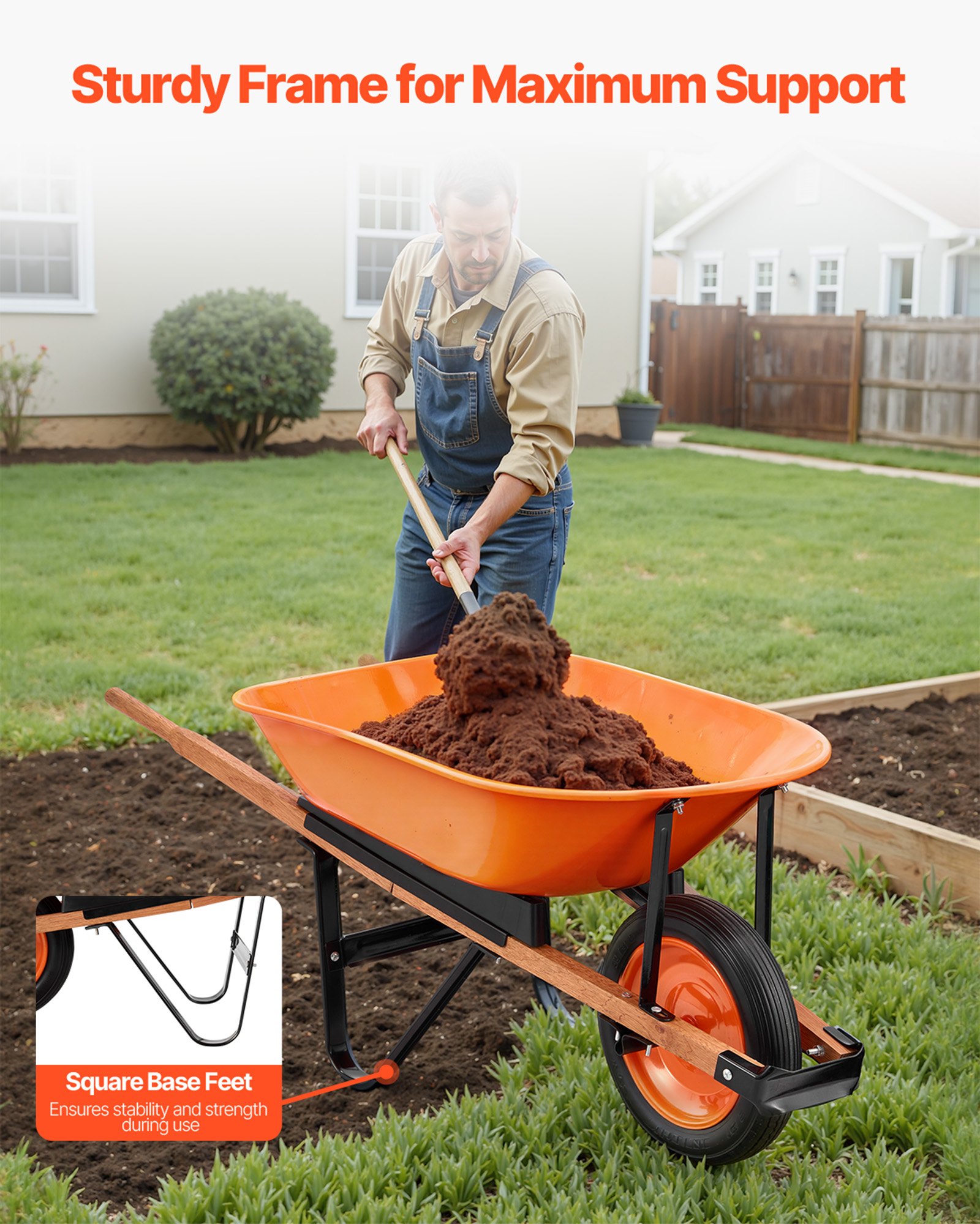 VEVOR Carretilla para Jardín Carga de 120 kg Carro de Descarga con 1 Rueda de 40 cm y Asa Carro Utilitario de Fácil Carga Carrito para Césped al Aire Libre, Patio, Granja, Naranja y Negro