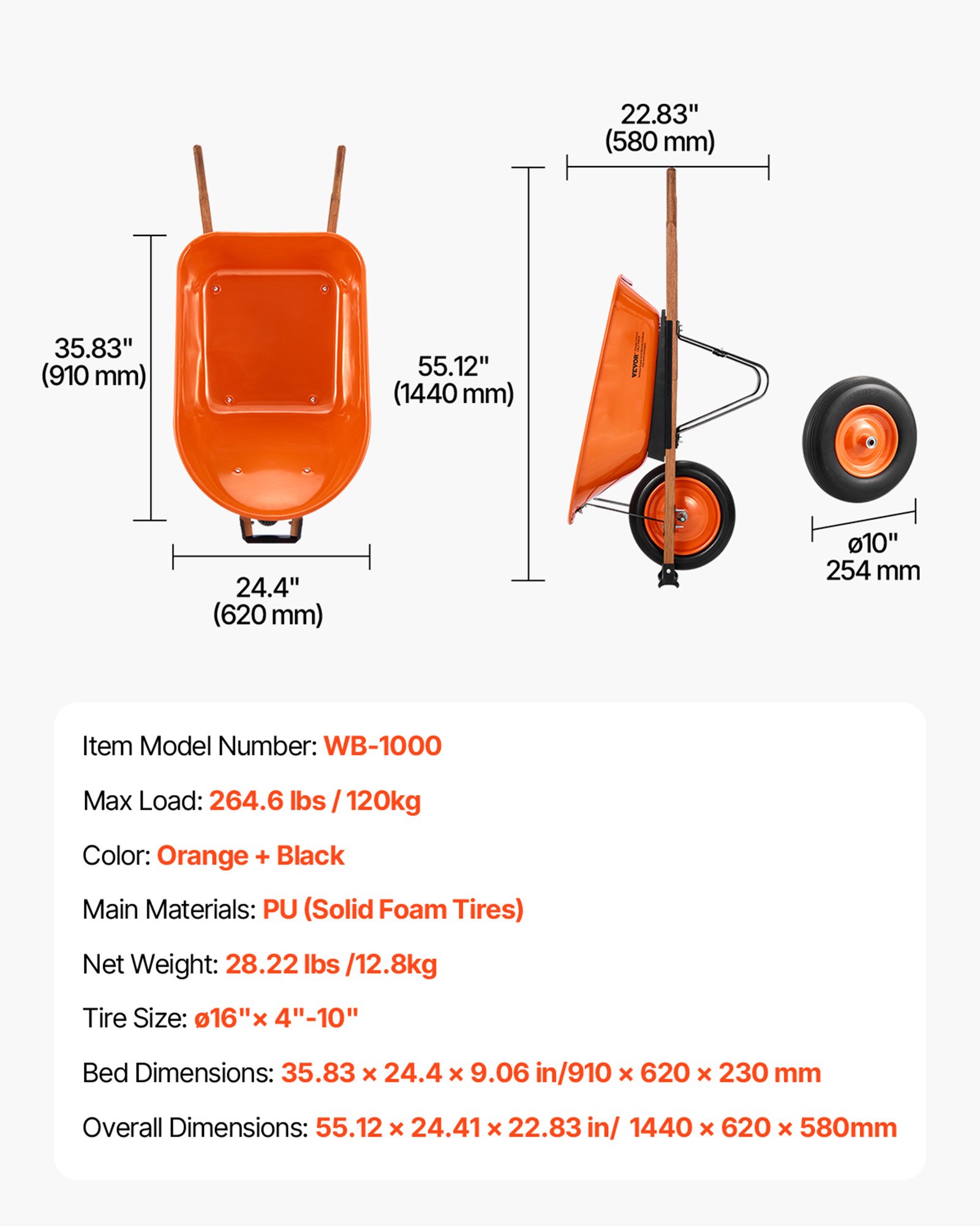 VEVOR Carretilla para Jardín Carga de 120 kg Carro de Descarga con 1 Rueda de 40 cm y Asa Carro Utilitario de Fácil Carga Carrito para Césped al Aire Libre, Patio, Granja, Naranja y Negro