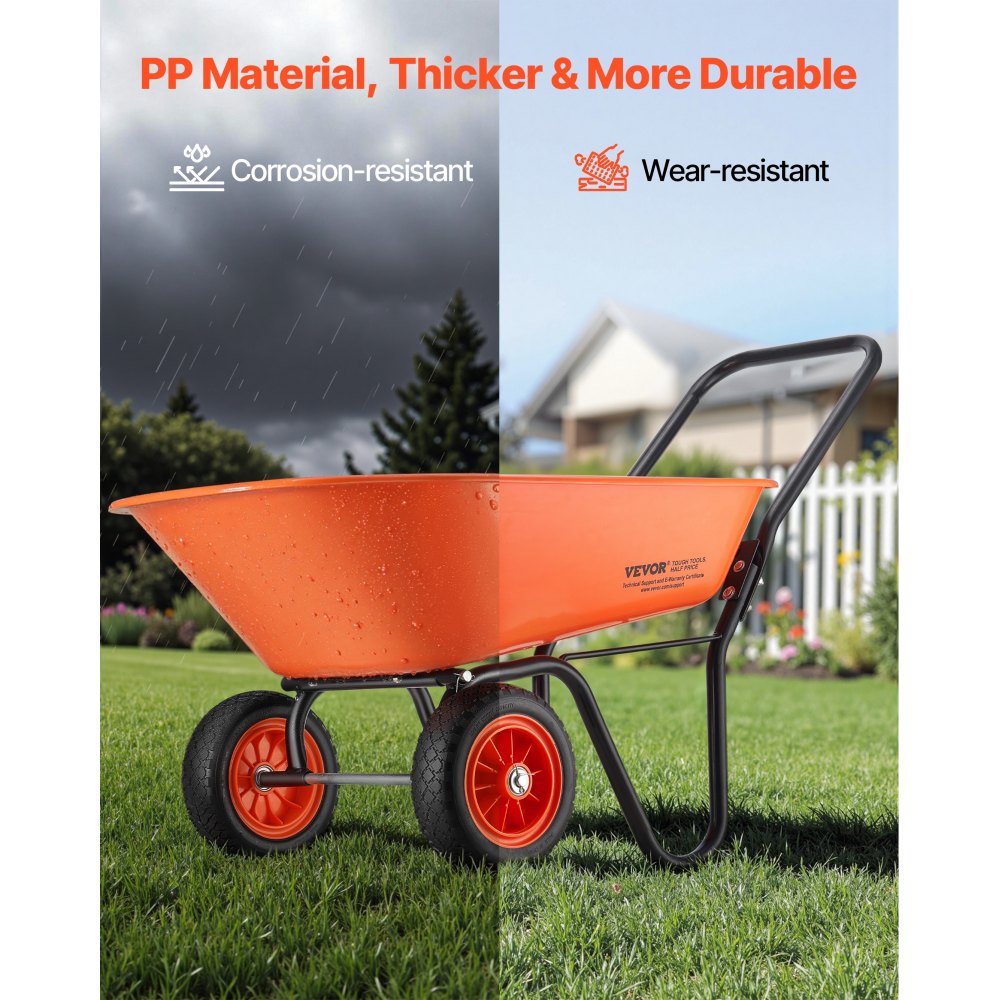 VEVOR Carretilla para Jardín Carga de 180 kg Carro de Descarga con 2 Ruedas de 25,4 cm y Asa Carro Utilitario de Fácil Carga Carrito para Césped al Aire Libre, Patio, Granja, Naranja y Negro