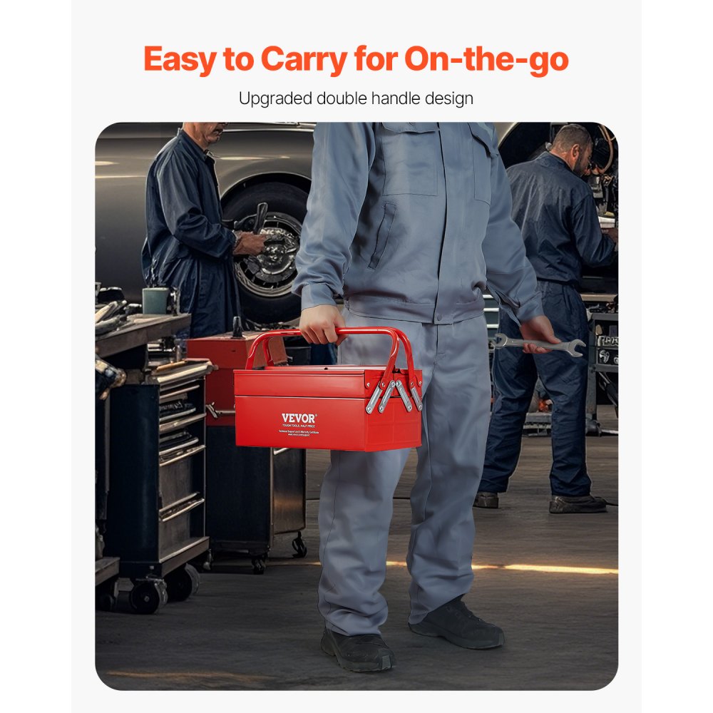 VEVOR Caja de Herramientas Portátil Plegable de Metal 355,6 x 200 x 165 mm de 2 Niveles y 3 Bandejas con Asa y Orificio para Cerradura, Caja de Herramientas para Almacén, Taller de Reparación, Rojo