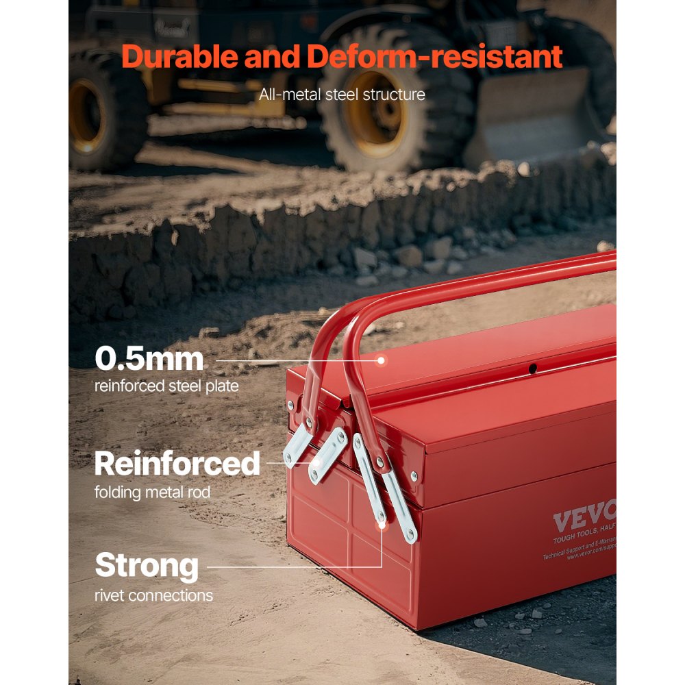 VEVOR Caja de Herramientas Portátil Plegable de Metal 355,6 x 200 x 165 mm de 2 Niveles y 3 Bandejas con Asa y Orificio para Cerradura, Caja de Herramientas para Almacén, Taller de Reparación, Rojo