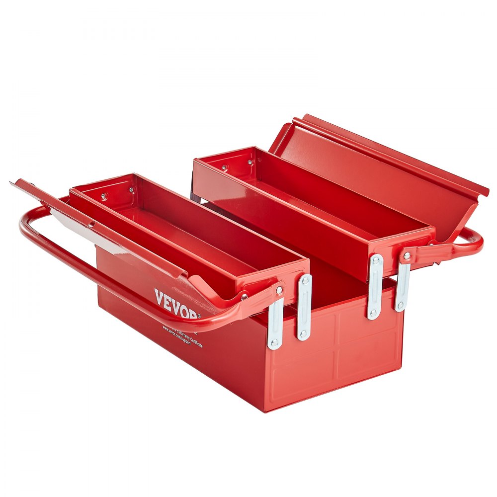 VEVOR Caja de Herramientas Portátil Plegable de Metal 355,6 x 200 x 165 mm de 2 Niveles y 3 Bandejas con Asa y Orificio para Cerradura, Caja de Herramientas para Almacén, Taller de Reparación, Rojo