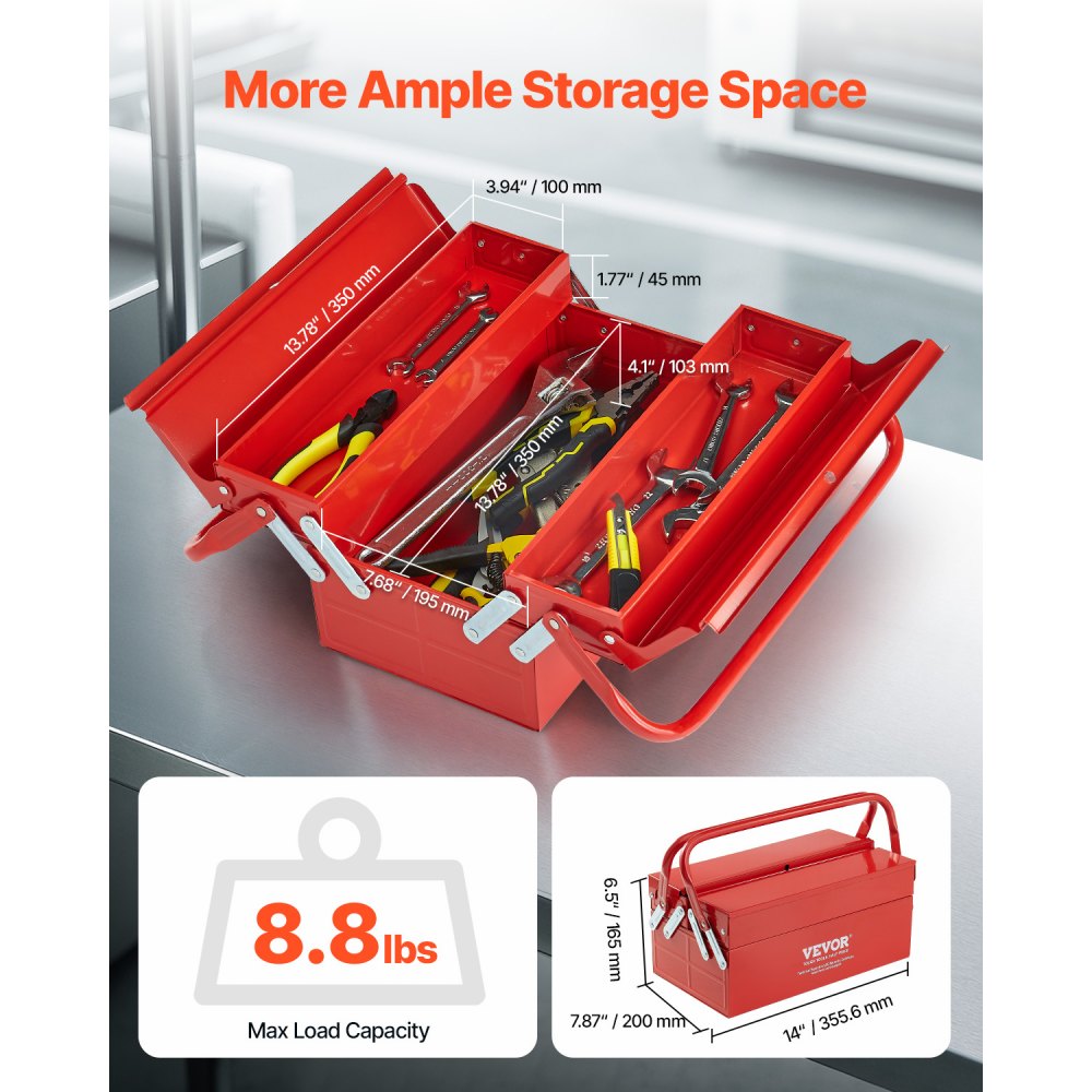 VEVOR Caja de Herramientas Portátil Plegable de Metal 355,6 x 200 x 165 mm de 2 Niveles y 3 Bandejas con Asa y Orificio para Cerradura, Caja de Herramientas para Almacén, Taller de Reparación, Rojo