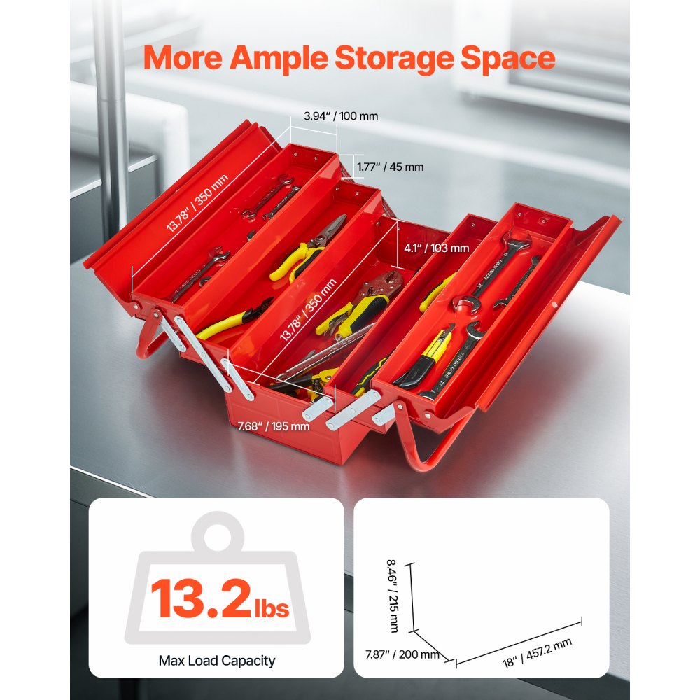 VEVOR Caja de Herramientas Portátil Plegable de Metal 457,2 x 200 x 215 mm de 3 Niveles y 5 Bandejas con Asa y Orificio para Cerradura, Caja de Herramientas para Almacén, Taller de Reparación, Rojo