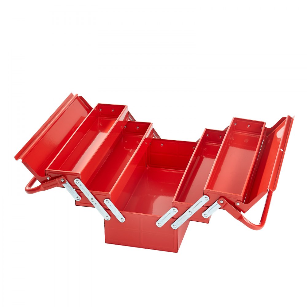 VEVOR Caja de Herramientas Portátil Plegable de Metal 457,2 x 200 x 215 mm de 3 Niveles y 5 Bandejas con Asa y Orificio para Cerradura, Caja de Herramientas para Almacén, Taller de Reparación, Rojo