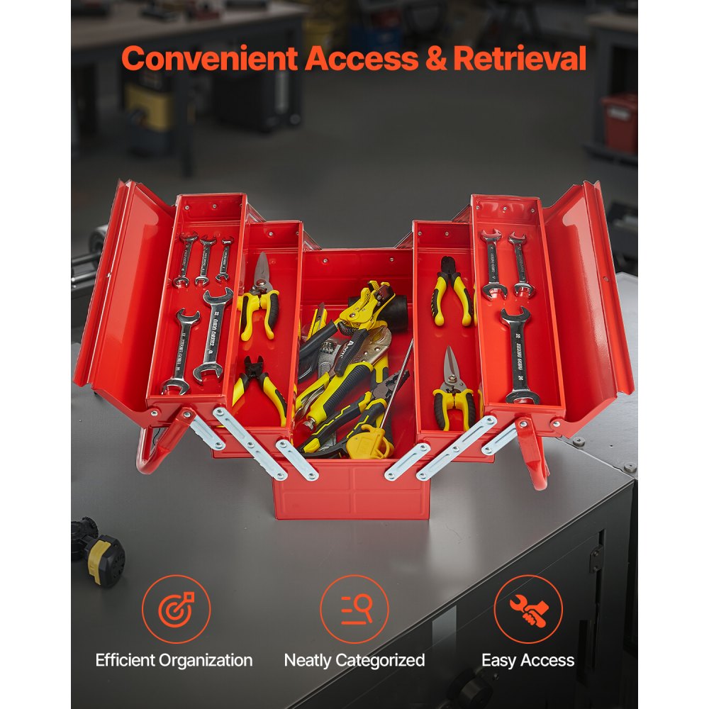 VEVOR Caja de Herramientas Portátil Plegable de Metal 457,2 x 200 x 215 mm de 3 Niveles y 5 Bandejas con Asa y Orificio para Cerradura, Caja de Herramientas para Almacén, Taller de Reparación, Rojo