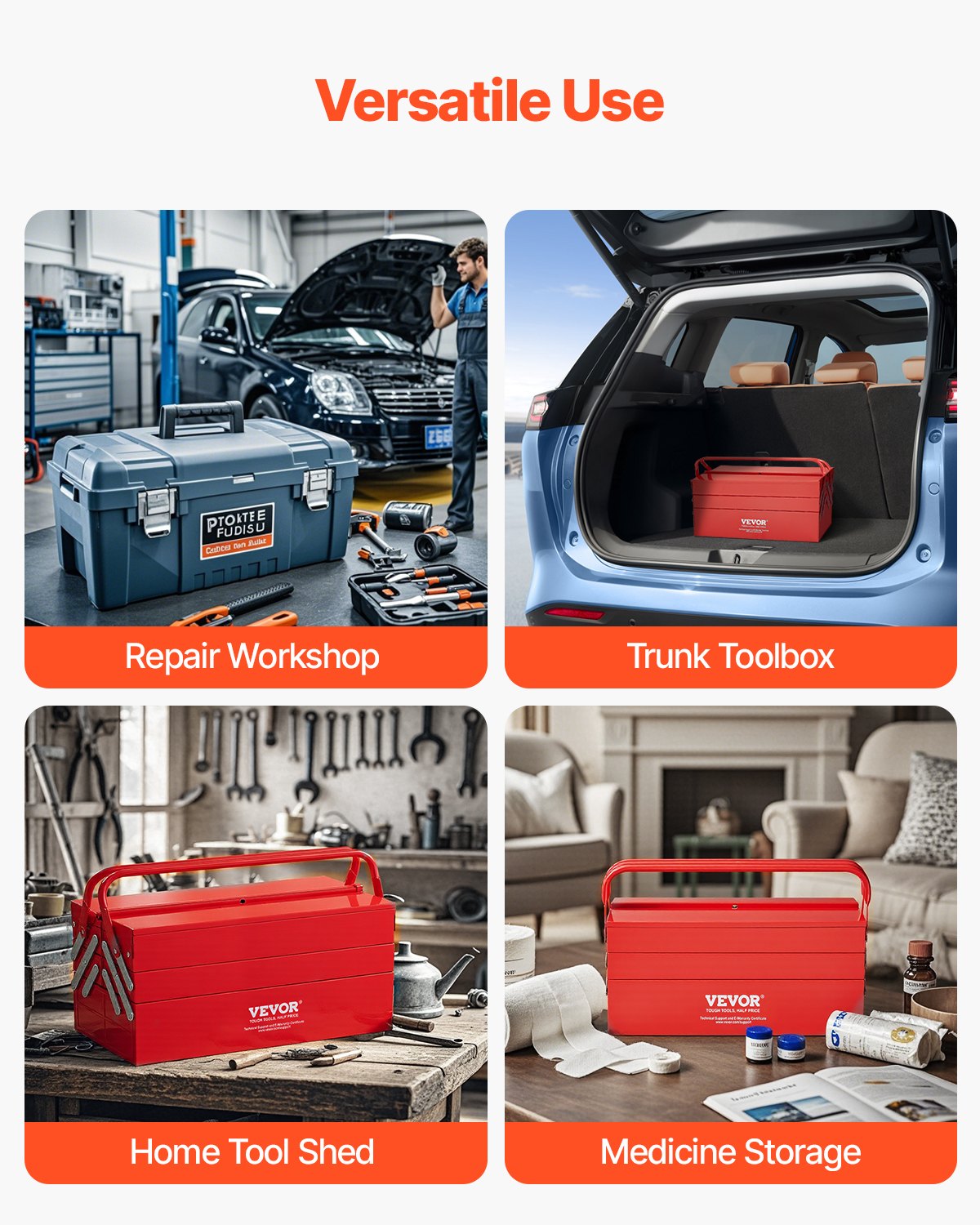 VEVOR Tool Box 457.2x200x215mm, 3-Tier, 5-Compartment, Tool Chest with Handle and Lock Hole, Powder-Coated Steel, Tool Case for Household, Factory, Warehouse, Repair Shop, Red