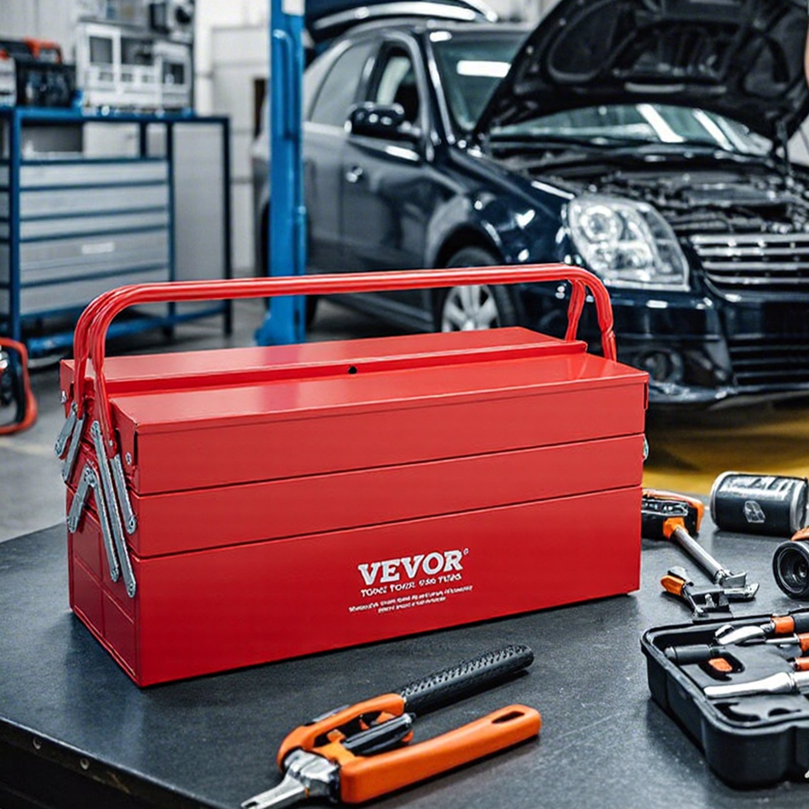 VEVOR Tool Box 457.2x200x215mm, 3-Tier, 5-Compartment, Tool Chest with Handle and Lock Hole, Powder-Coated Steel, Tool Case for Household, Factory, Warehouse, Repair Shop, Red