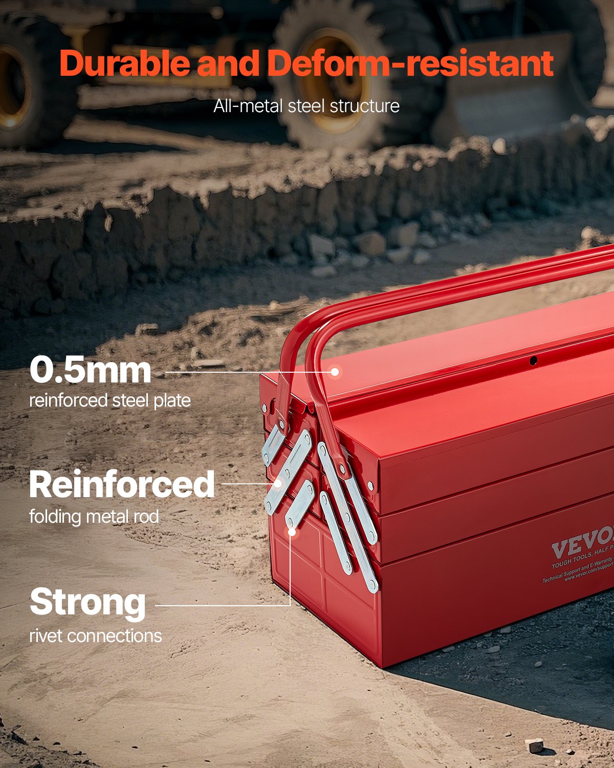 VEVOR Caja de Herramientas Portátil Plegable de Metal 457,2 x 200 x 215 mm de 3 Niveles y 5 Bandejas con Asa y Orificio para Cerradura, Caja de Herramientas para Almacén, Taller de Reparación, Rojo