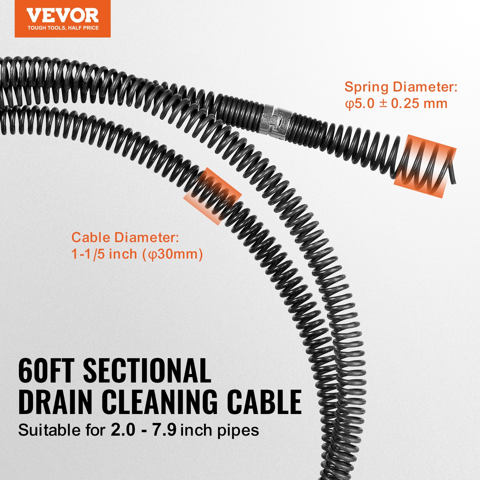 VEVOR Cable de Limpieza de Drenaje, Cable Limpiador de Drenaje Seccional Profesional con 6 Cortadores para Tuberías, Cable de Barrena de Drenaje de Alcantarillado de Núcleo Hueco 542 x 523 x 240 mm