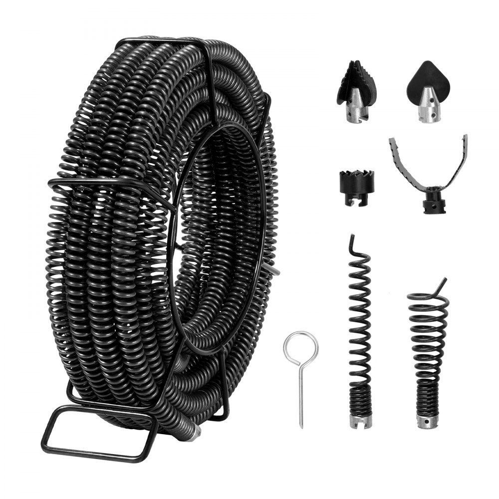 Cable de limpieza de desagües VEVOR con varios cabezales de corte, accesorios de resorte y llave de extracción.