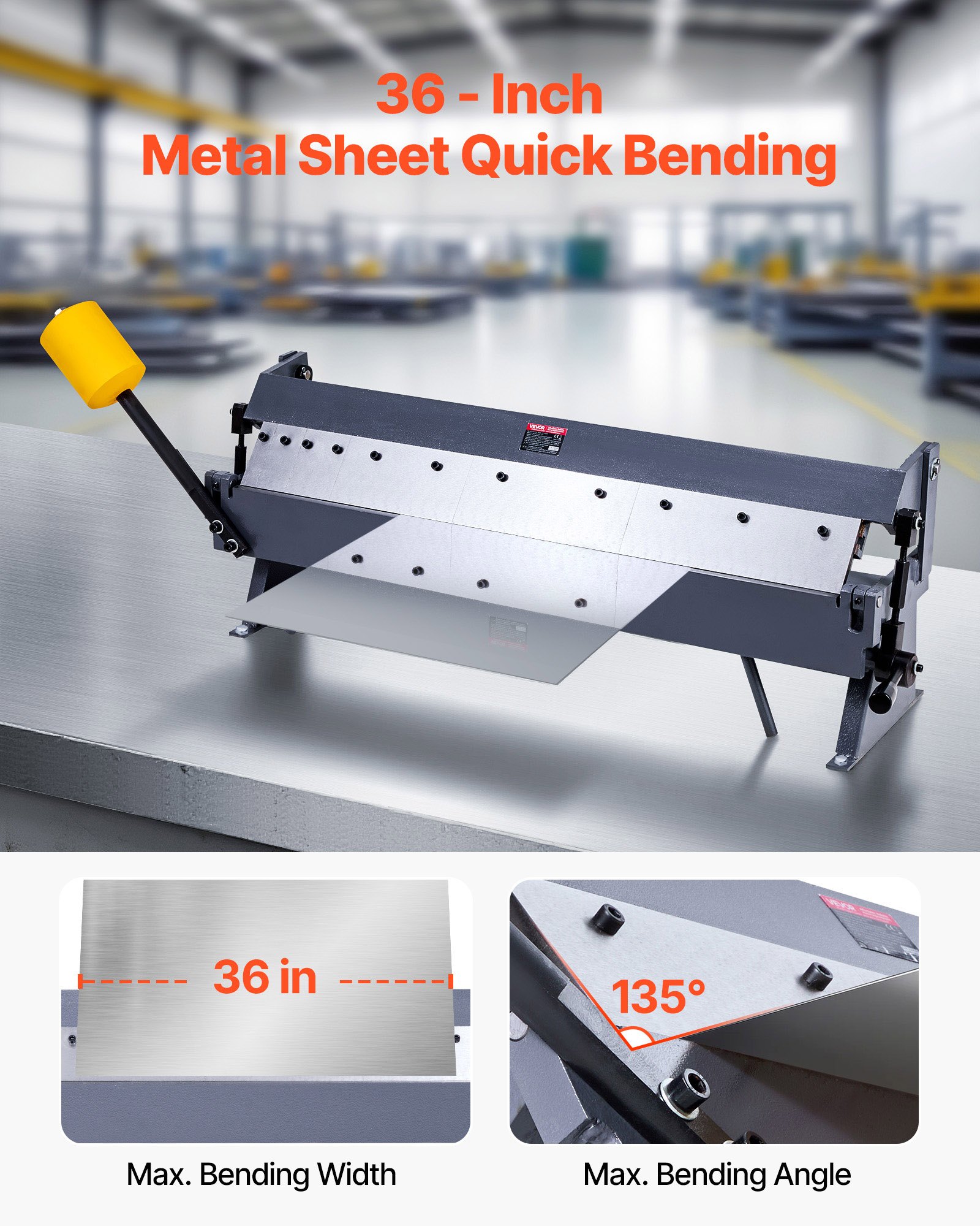 VEVOR Box and Pan Brake, 910 mm Sheet Metal Bending Brake,16-Gauge Mild Steel Capacity, 0-135 Degree Adjustable, Metal Bender Machine with 6 Fingers, Heavy-Duty Aluminum Folder for Precise Bending