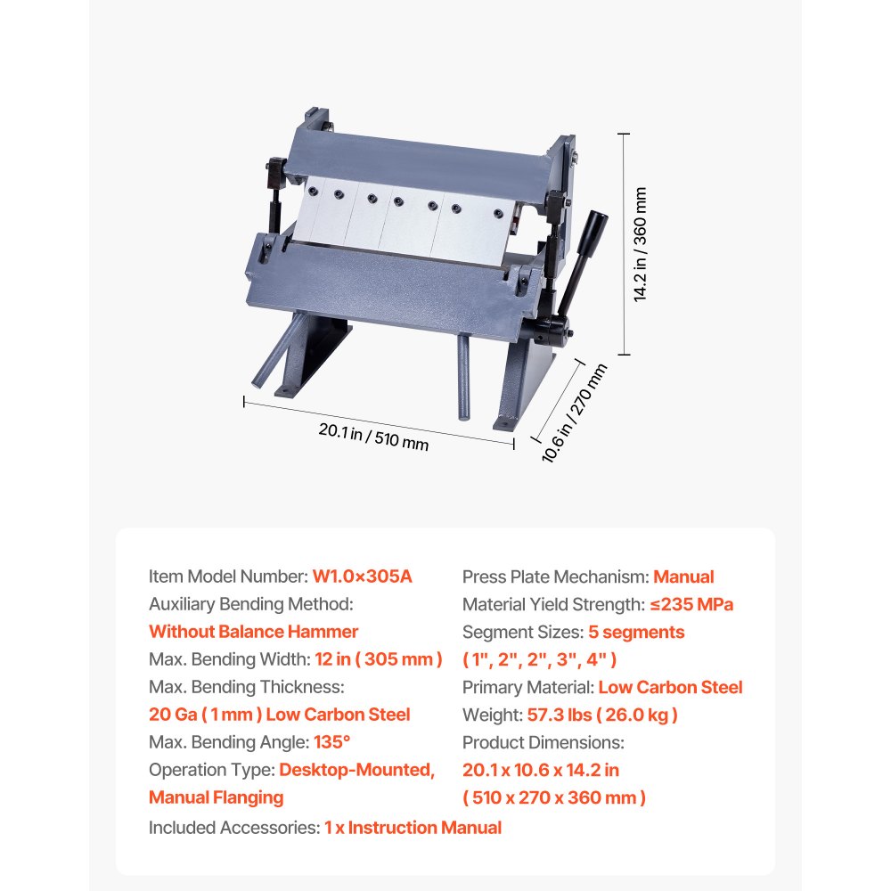 VEVOR Box and Pan Brake, 305 mm Sheet Metal Bending Brake, 20-Gauge Mild Steel Capacity, 0-135 Degree Adjustable, Metal Bender Machine with 5 Fingers, Heavy-Duty Aluminum Folder for Precise Bending