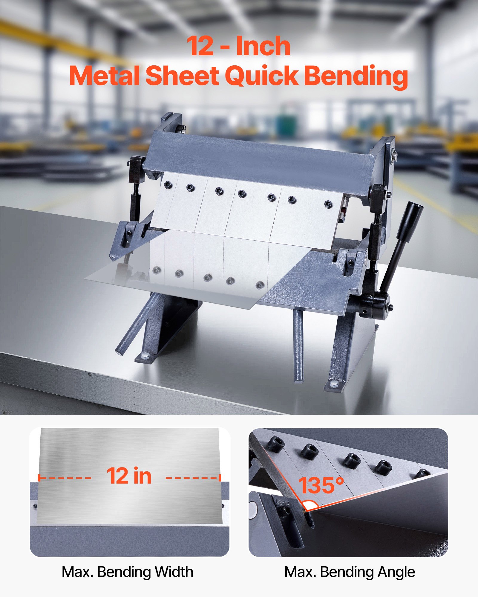 VEVOR Box and Pan Brake, 305 mm Sheet Metal Bending Brake, 20-Gauge Mild Steel Capacity, 0-135 Degree Adjustable, Metal Bender Machine with 5 Fingers, Heavy-Duty Aluminum Folder for Precise Bending