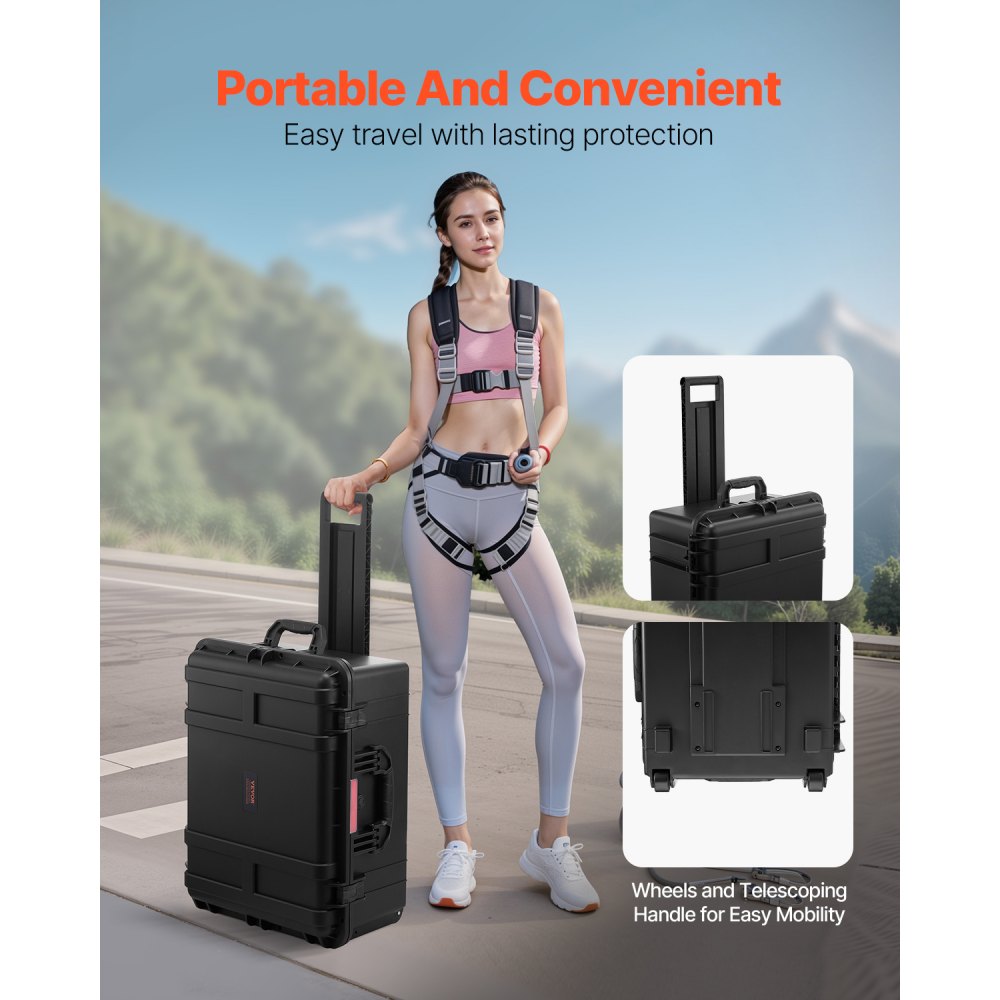 VEVOR 3.5 cubic foot hard case, hard-shell trolley suitcase with wheels & retractable handle, IP67 waterproof cover with 4 clips, 4 padlock holes and foam insert