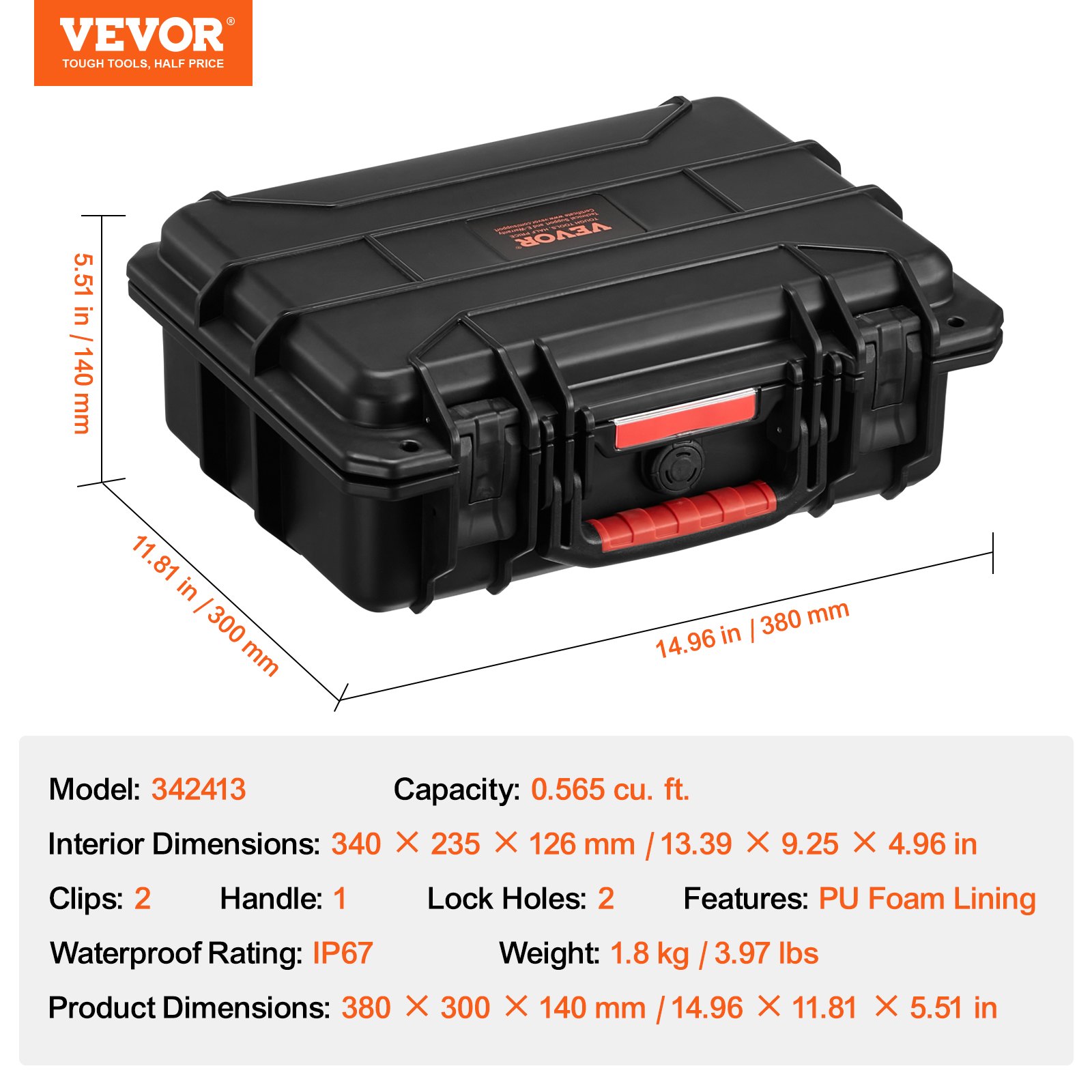 VEVOR Estuche rígido resistente a la intemperie, estuche protector resistente con espuma precortada y asas retráctiles para viajes, caza, uso militar, táctico, estuche impermeable IP67 para cámaras (40 x 32 x 16,6)