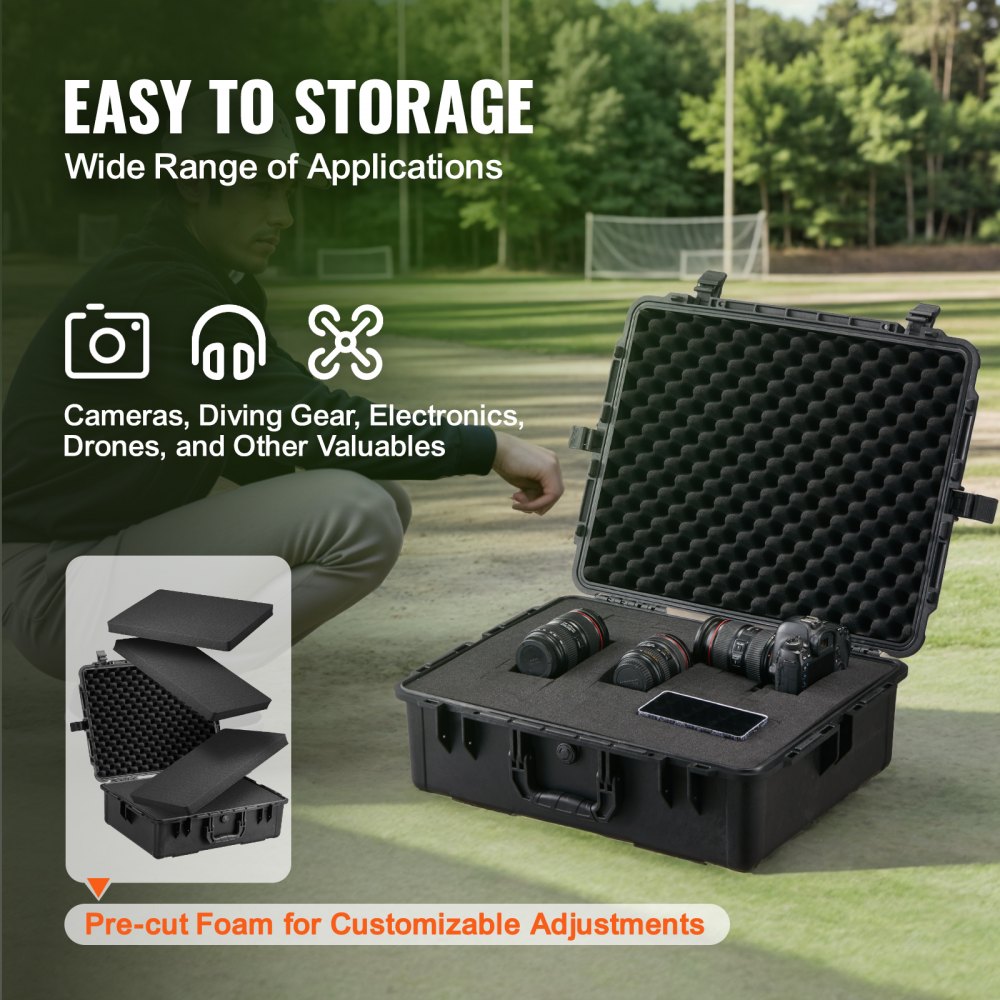 VEVOR Estuche rígido resistente a la intemperie, estuche protector resistente con espuma precortada y asas retráctiles para viajes, caza, uso militar, táctico, estuche impermeable IP67 para cámaras (56,1 x 37 x 26)