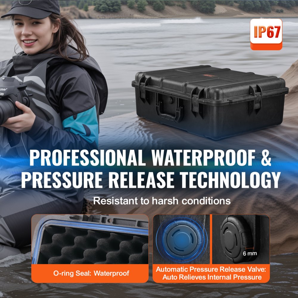 VEVOR Estuche rígido resistente a la intemperie, estuche protector resistente con espuma precortada y asas retráctiles para viajes, caza, uso militar, táctico, estuche impermeable IP67 para cámaras (56,1 x 37 x 26)