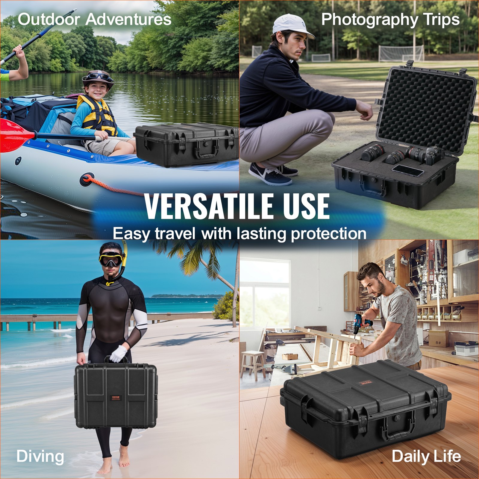 VEVOR Estuche rígido resistente a la intemperie, estuche protector resistente con espuma precortada y asas retráctiles para viajes, caza, uso militar, táctico, estuche impermeable IP67 para cámaras (56,1 x 37 x 26)