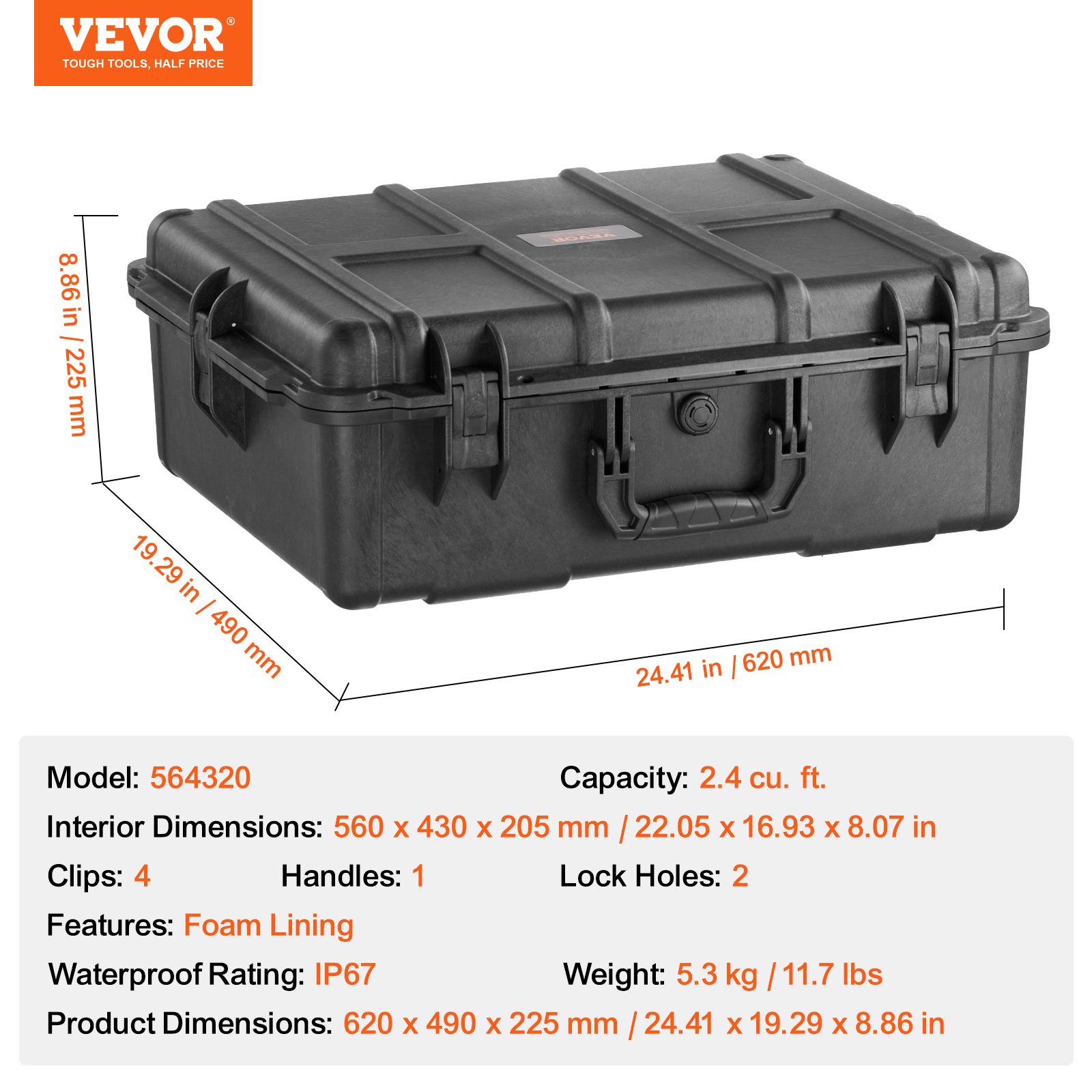 VEVOR Estuche rígido resistente a la intemperie, estuche protector resistente con espuma precortada y asas retráctiles para viajes, caza, uso militar, táctico, estuche impermeable IP67 para cámaras (56,1 x 37 x 26)