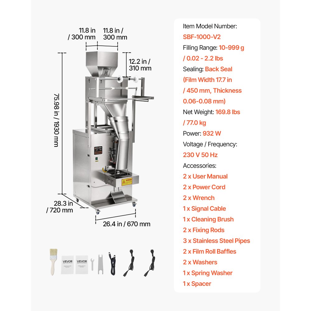 VEVOR Máquina Llenadora y Selladora Automática de Polvo y Granos de 10-999g, 2-10 Bolsas/min, Máquina Envasadora con Sellado Posterior, Acero Inoxidable, para Especias, Semillas, Té y Frutos Secos