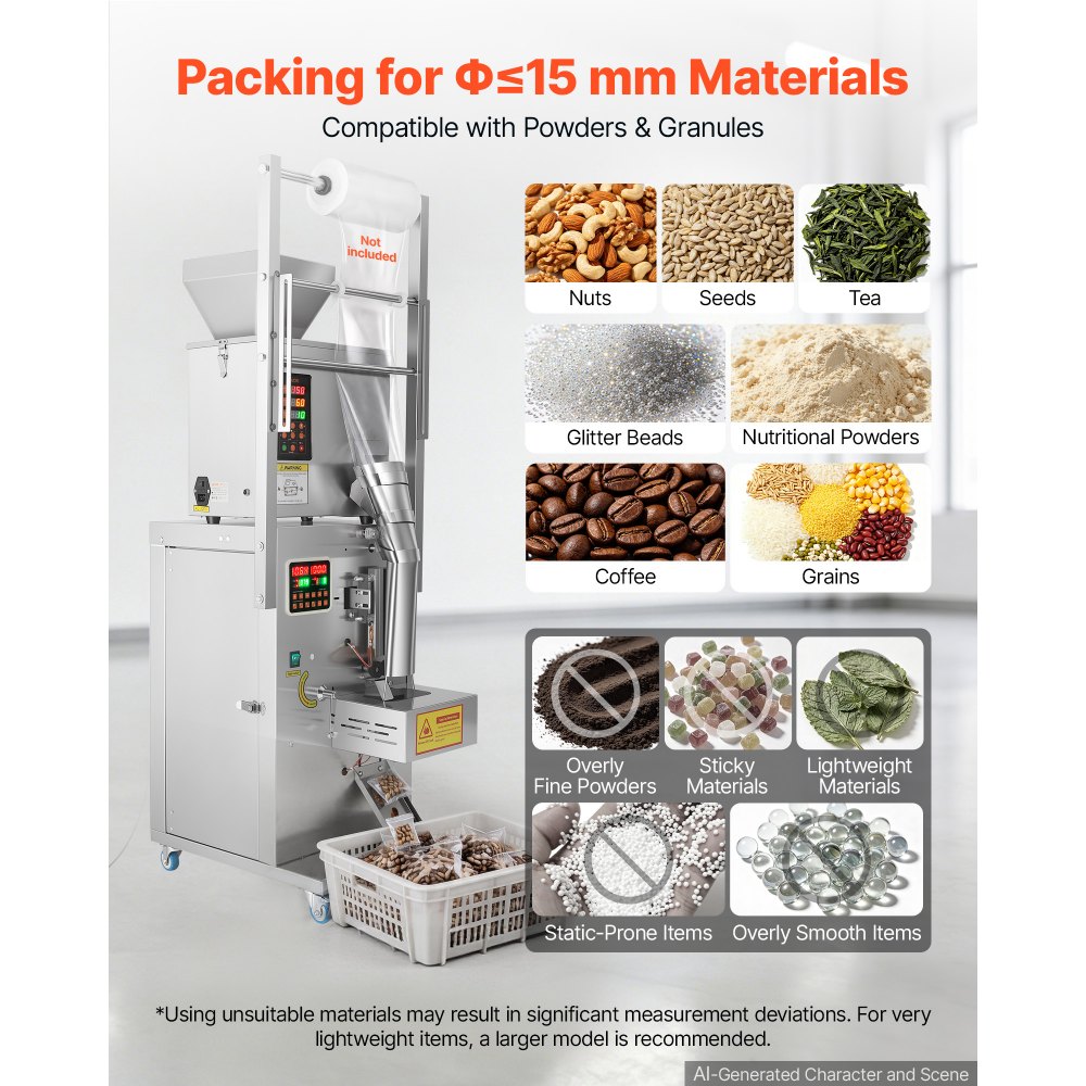 VEVOR Máquina Llenadora y Selladora Automática de Polvo y Granos de 3-200g, 3-10 Bolsas/min, Máquina Envasadora con Sellado Posterior, Acero Inoxidable, para Semillas, Té, Frutos Secos y Especias