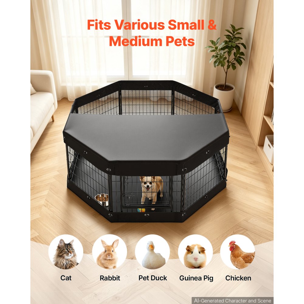 VEVOR Parque de Metal Plegable para Perritos con Base y Cubierta Superior, Corral Metálico para Mascotas Pequeñas, 8 Paneles de Malla, Puertas con Pestillo, Kit de Instalación, para Exterior Interior