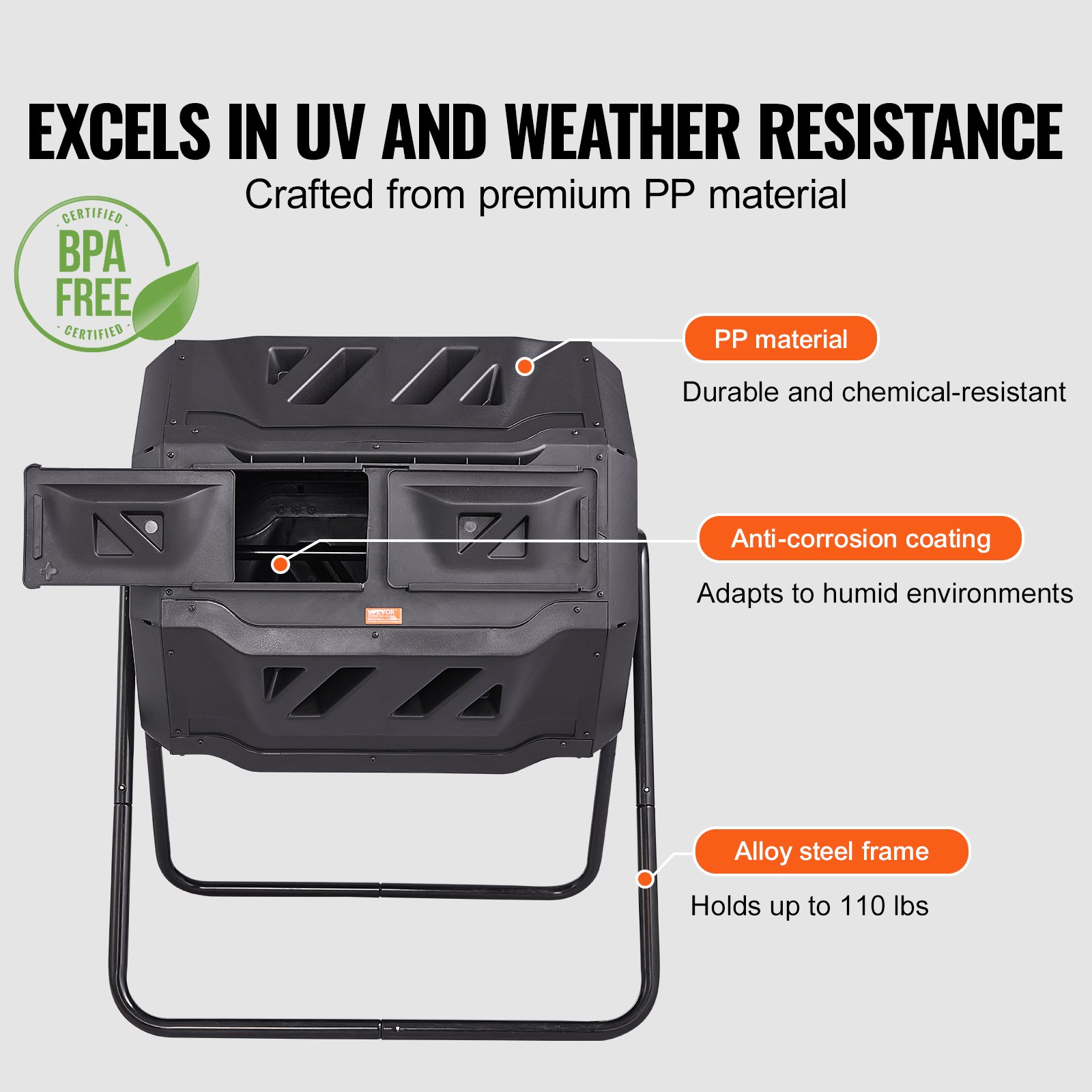 VEVOR Compostador Giratorio de Jardín 162,7 L Contenedor de Abono Giratorio de 360° Doble Cámara de PP Sin BPA Carga 50 kg para Compostaje de Residuos Orgánicos Cocina Jardinero Terraza Patio Exterior