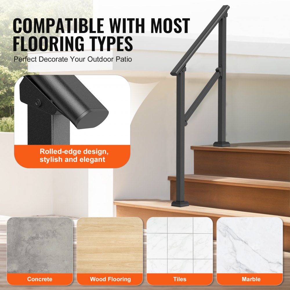 VEVOR Barandilla de Escalera para Pasamanos de Escalera de 2-3 Escalones con Kit de Instalación Tubo Cuadrado de Acero al Carbono para Personas Mayores, Escalones de Concreto, Porche, Patio, Negro
