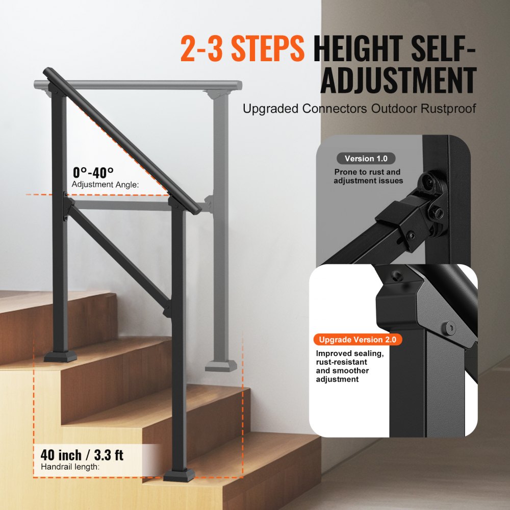 VEVOR Barandilla de Escalera para Pasamanos de Escalera de 2-3 Escalones con Kit de Instalación Tubo Cuadrado de Acero al Carbono para Personas Mayores, Escalones de Concreto, Porche, Patio, Negro