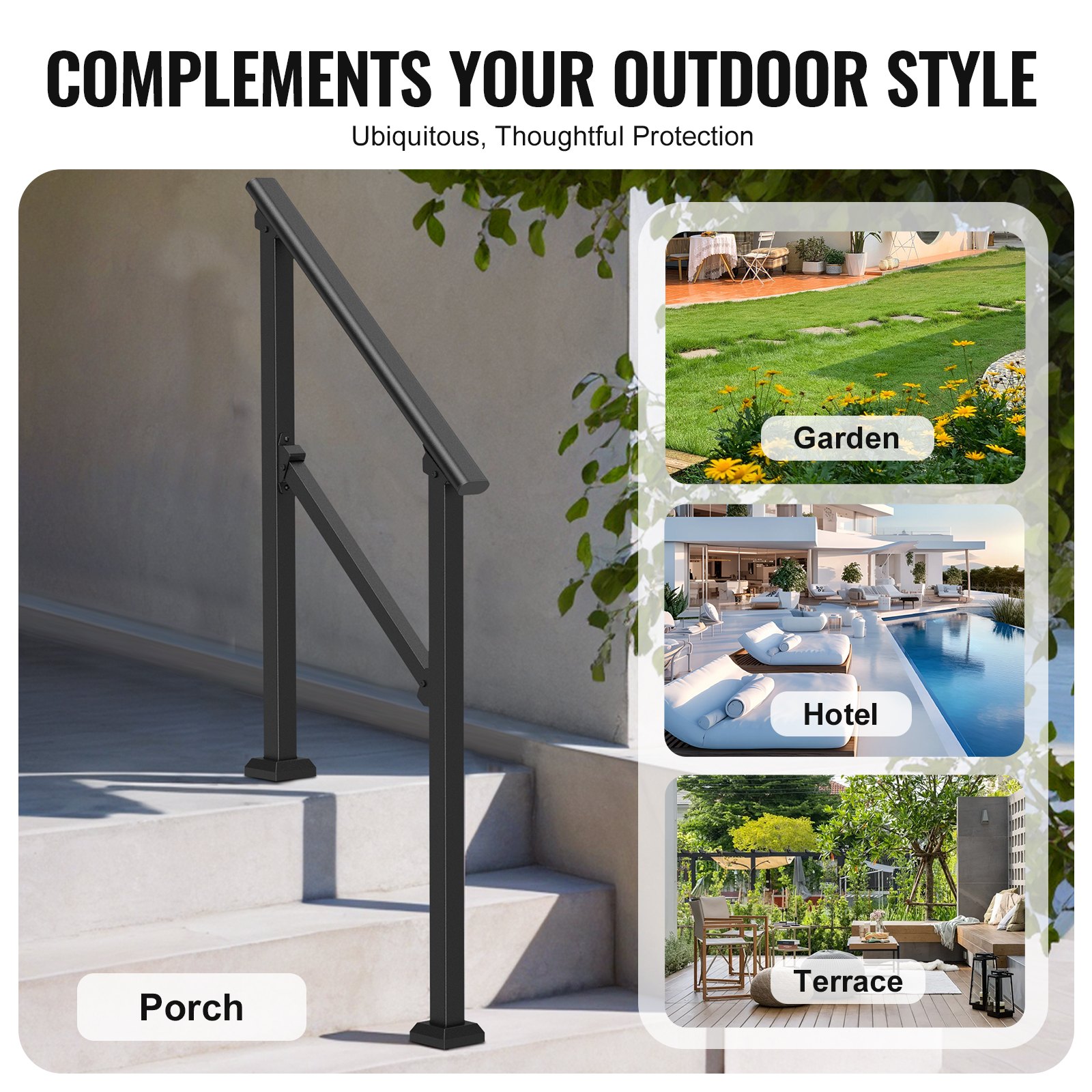 VEVOR Barandilla de Escalera para Pasamanos de Escalera de 2-3 Escalones con Kit de Instalación Tubo Cuadrado de Acero al Carbono para Personas Mayores, Escalones de Concreto, Porche, Patio, Negro