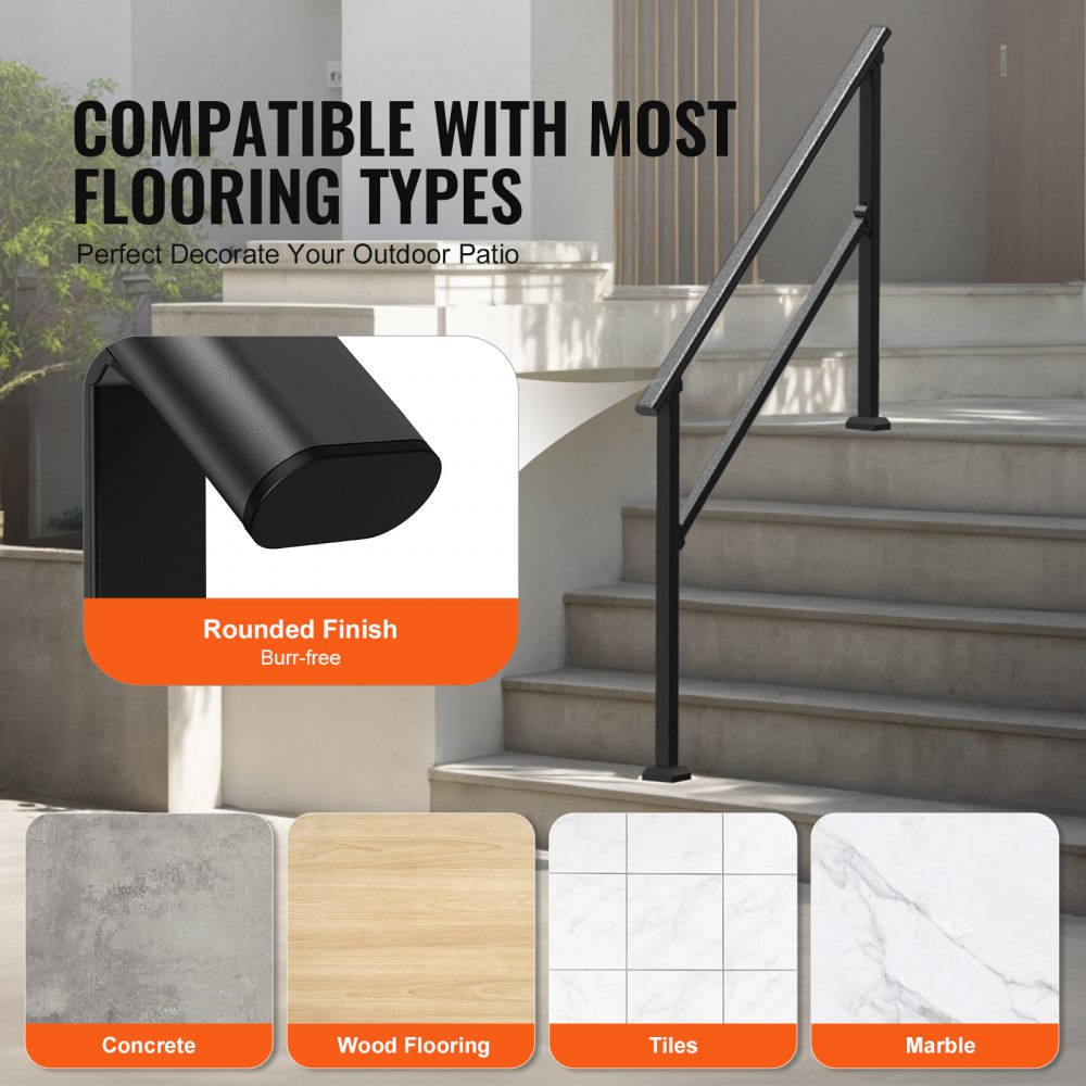 VEVOR Barandilla de Escalera para Pasamanos de Escalera de 4-5 Escalones con Kit de Instalación Tubo Cuadrado de Acero al Carbono para Personas Mayores, Escalones de Concreto, Porche, Patio, Negro