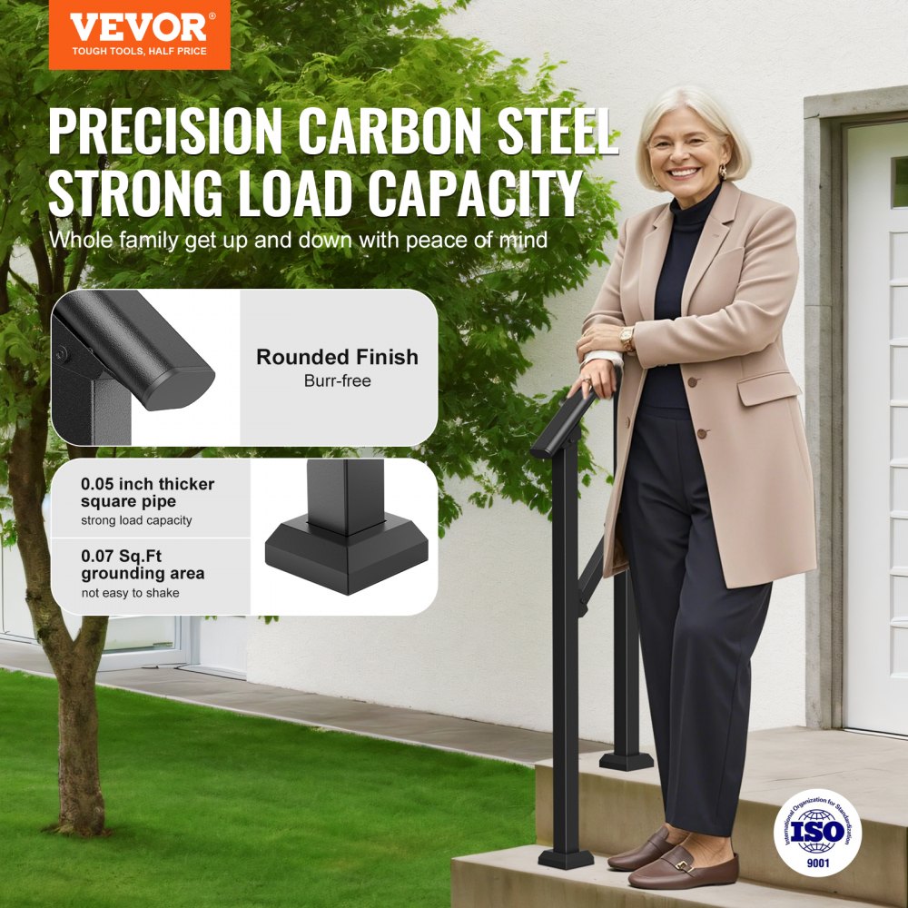 VEVOR Handrails for Outdoor Stairs, 1-2 Step Stair Handrail Set, Carbon Steel Transition Railing with Mounting Kit, Stair Railing for Seniors, Concrete Steps & Porch & Deck, Black Square Tube