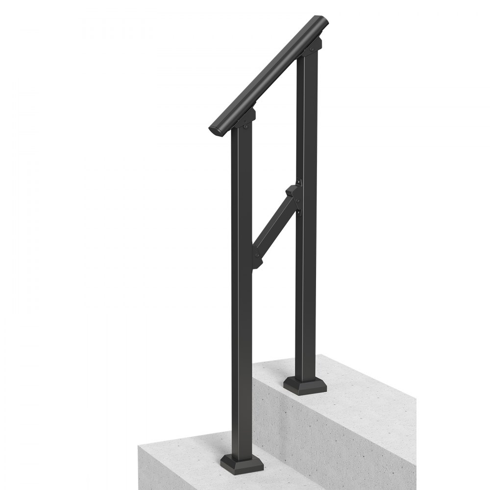 VEVOR Handrails for Outdoor Stairs, 1-2 Step Stair Handrail Set, Carbon Steel Transition Railing with Mounting Kit, Stair Railing for Seniors, Concrete Steps & Porch & Deck, Black Square Tube