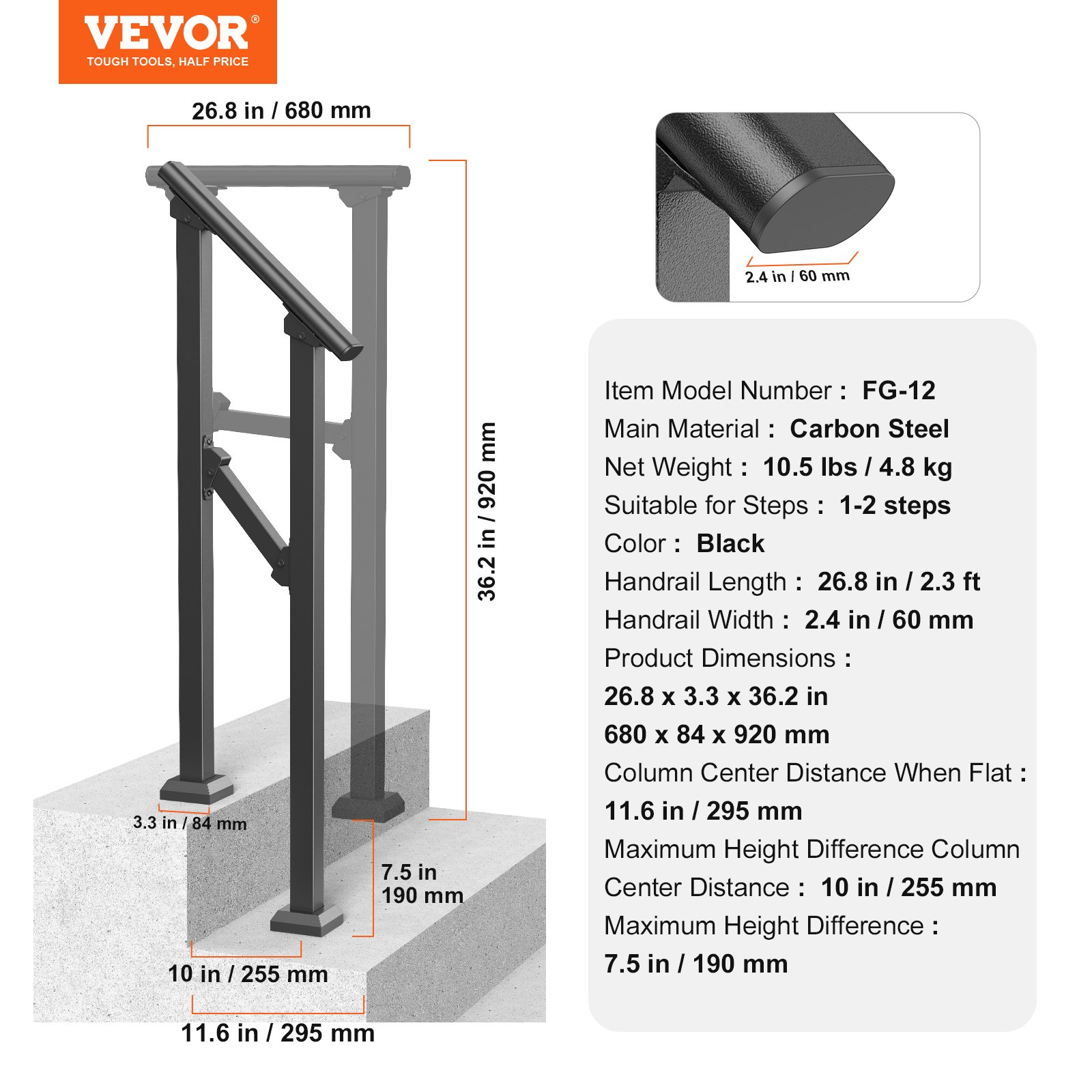 VEVOR Barandilla de Escalera para Pasamanos de Escalera de 1-2 Escalones con Kit de Instalación Tubo Cuadrado de Acero al Carbono para Personas Mayores, Escalones de Concreto, Porche, Patio, Negro