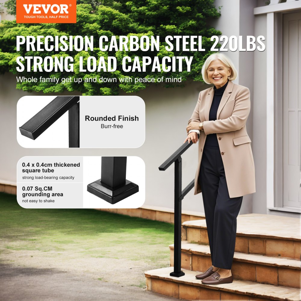 VEVOR Pasamanos de Exterior para Escalera Kit de Barandilla para 2 a 3 Escalones Tubo Cuadrado con Barra Horizontal Rieles de Soporte de Acero al Carbono para Escaleras de Hormigón, Terraza, Negro