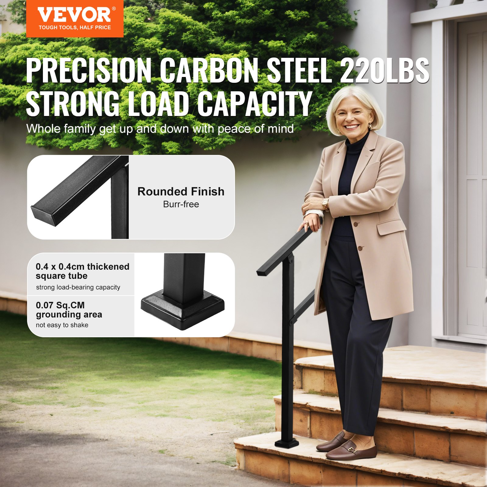 VEVOR Pasamanos de Exterior para Escalera Kit de Barandilla para 2 a 3 Escalones Tubo Cuadrado con Barra Horizontal Rieles de Soporte de Acero al Carbono para Escaleras de Hormigón, Terraza, Negro