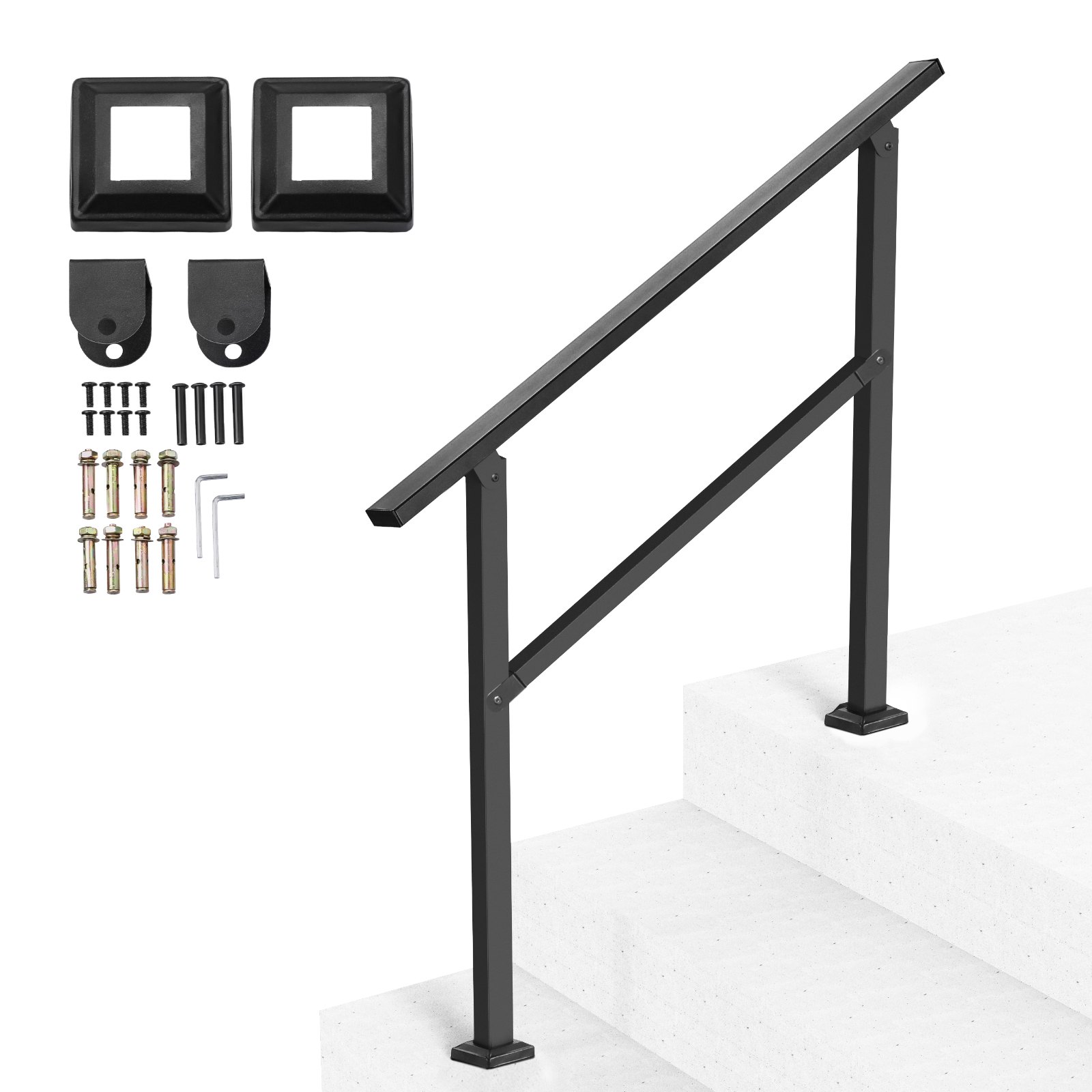 VEVOR Pasamanos de Exterior para Escalera Kit de Barandilla para 2 a 3 Escalones Tubo Cuadrado con Barra Horizontal Rieles de Soporte de Acero al Carbono para Escaleras de Hormigón, Terraza, Negro