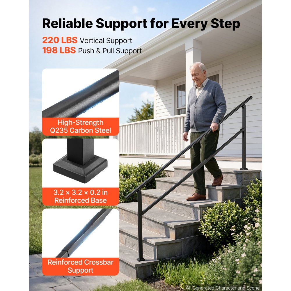 VEVOR Barandilla de Escalera 5-7 Peldaños, Ajustable 0°-50°, 5 Alturas, con Accesorios de Instalación, Pasamanos de Escalera para Interior y Exterior, Carga 100 kg para Hormigón, Madera y Ladrillo