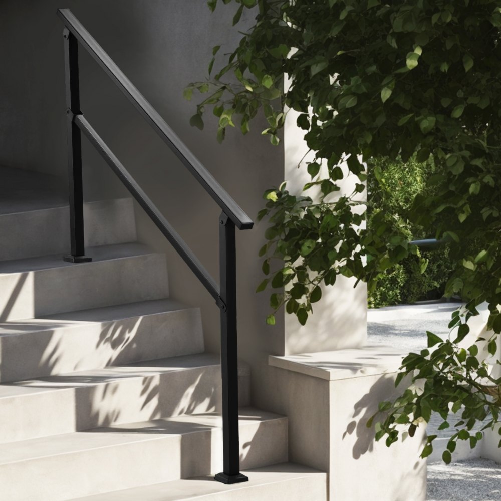 VEVOR Pasamanos de Exterior para Escalera Kit de Barandilla para 4 a 5 Escalones Tubo Cuadrado con Barra Horizontal Rieles de Soporte de Acero al Carbono para Escaleras de Hormigón, Terraza, Negro